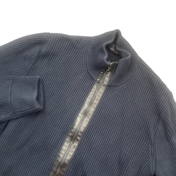 Vince XL Mens Navy Sweater Full Zip Reverse Zip Cotton Leather Trim - Picture 2 of 6